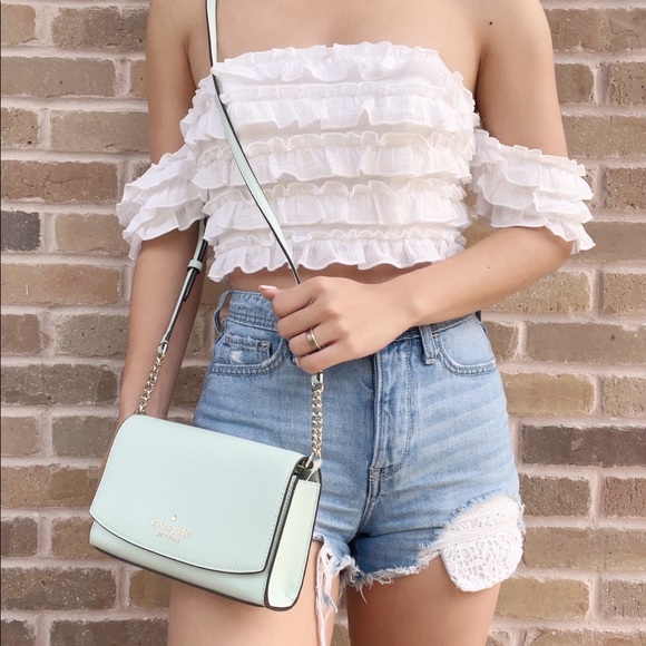 Kate Spade Staci Flap Crossbody Crystal Blue Saffiano Leather - Picture 2 of 3